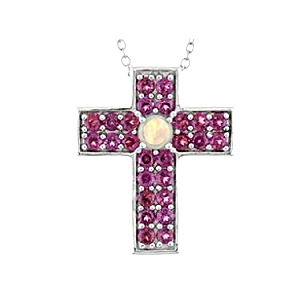 Cross round Ethiopian Opal Rhodolite 18" Chain